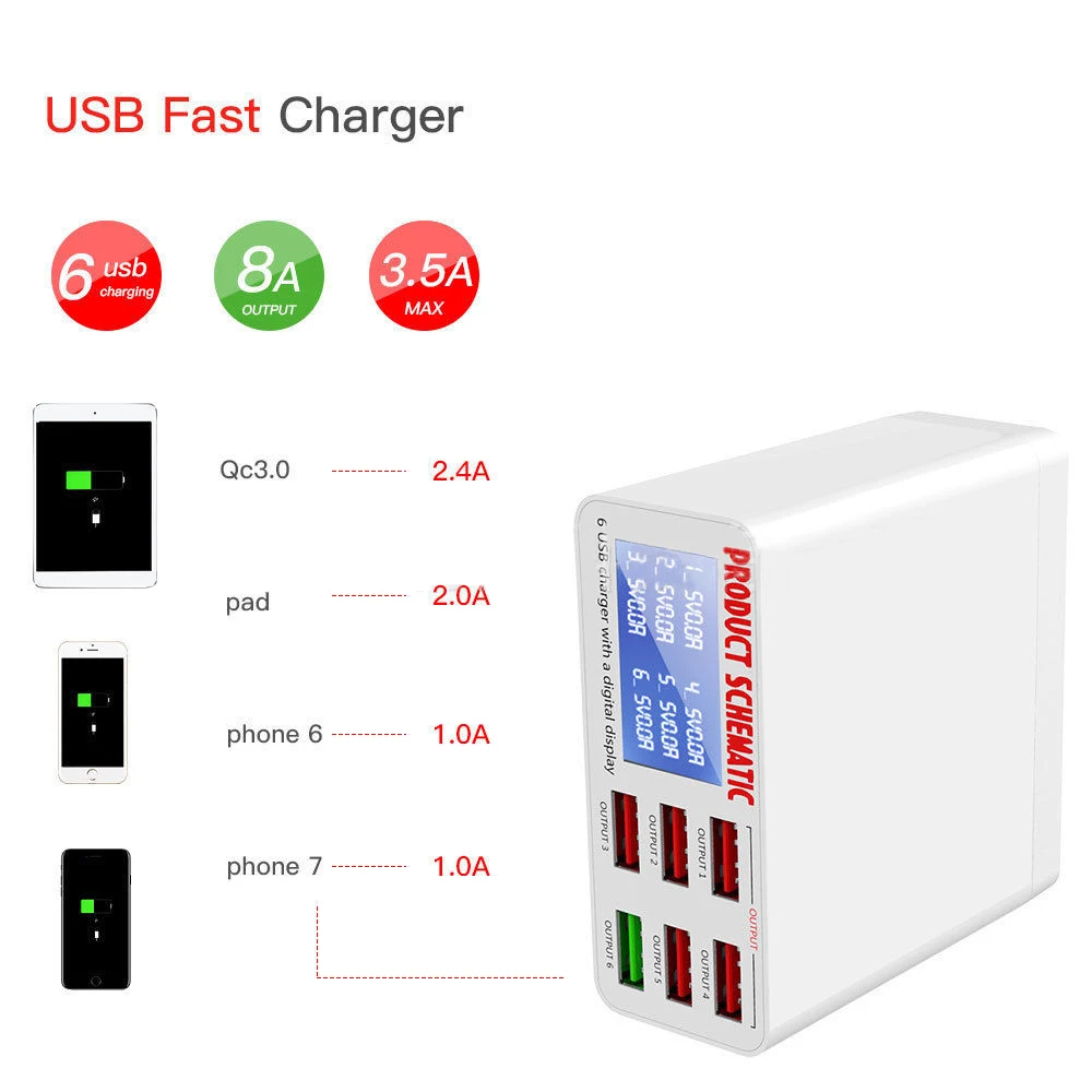 

Зарядное устройство с 6 USB-портами и ЖК-дисплеем, 6 портов