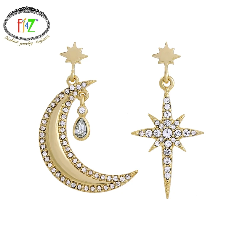 

F.J4Z Fashion elegant crystal moon star mismatched pendant dangle earrings for women ladies party show jewelries accessories