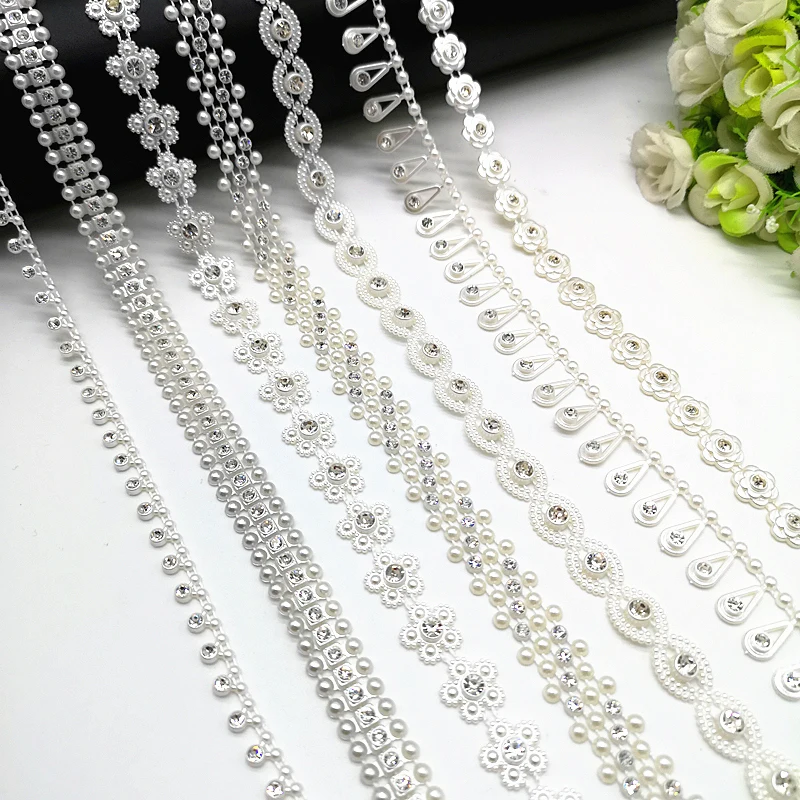 1 yard Rhinestone Chain Pearl Crystal Chain Sew On Trims Wedding Dress Costume Applique #ZL01-25