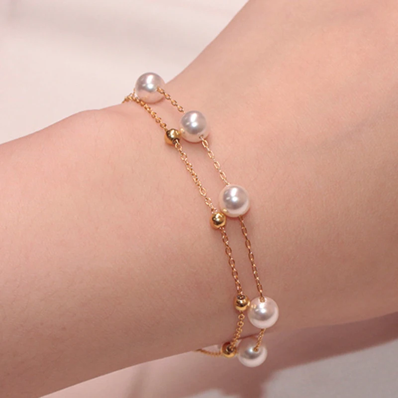 

Elegant Imitation Pearl Charm Bracelets For Women Gold Color Layered Chain Bracelet Jewelry