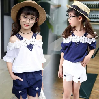 

2017 Girls Set Summer Kids Girls Clothes Set T-Shirt + Shorts Summer Teenage Girl Clothing Set Flower Ensemble Fille
