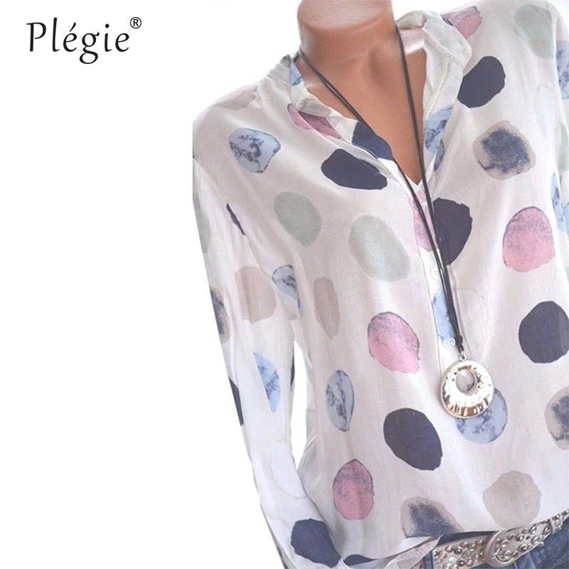 Plegie Женские топы и блузки 2020 Весна Blusas рубашка в горошек с длинными рукавами
