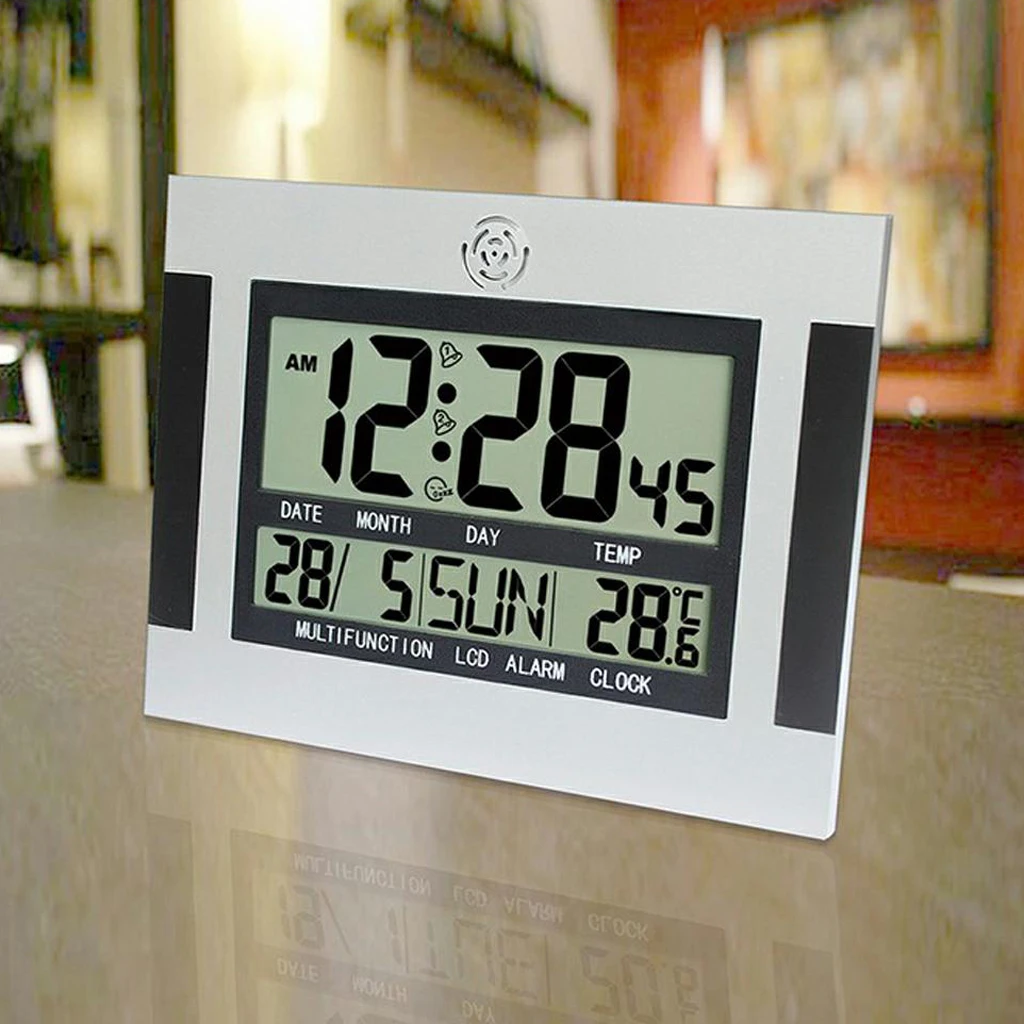Digital LCD Office Desk ALarm Clock Time Day Calendar Temp Meter Thermometer with LED Backlight, Desk Shelf Stand