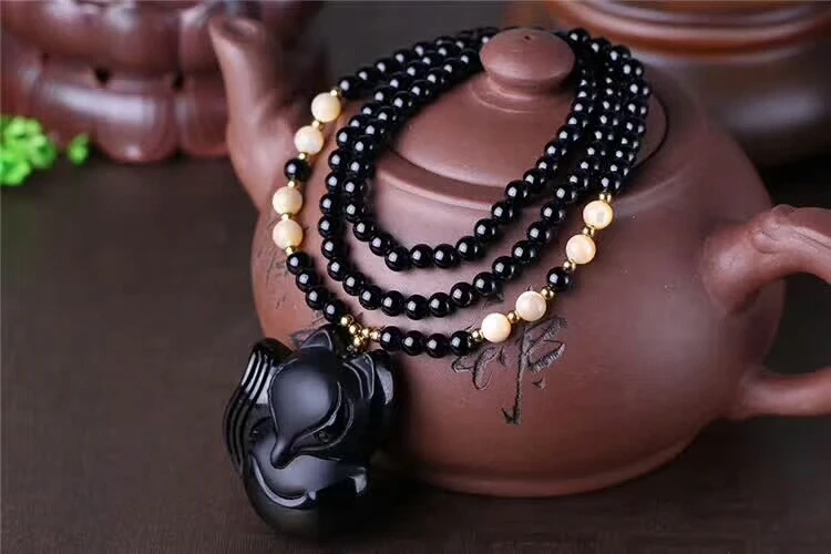 Genuine Natural Black Obsidian Gemstone Pendant Women Man Fox Shape Crystal Pendant 45x40x13mm AAAAA (4)
