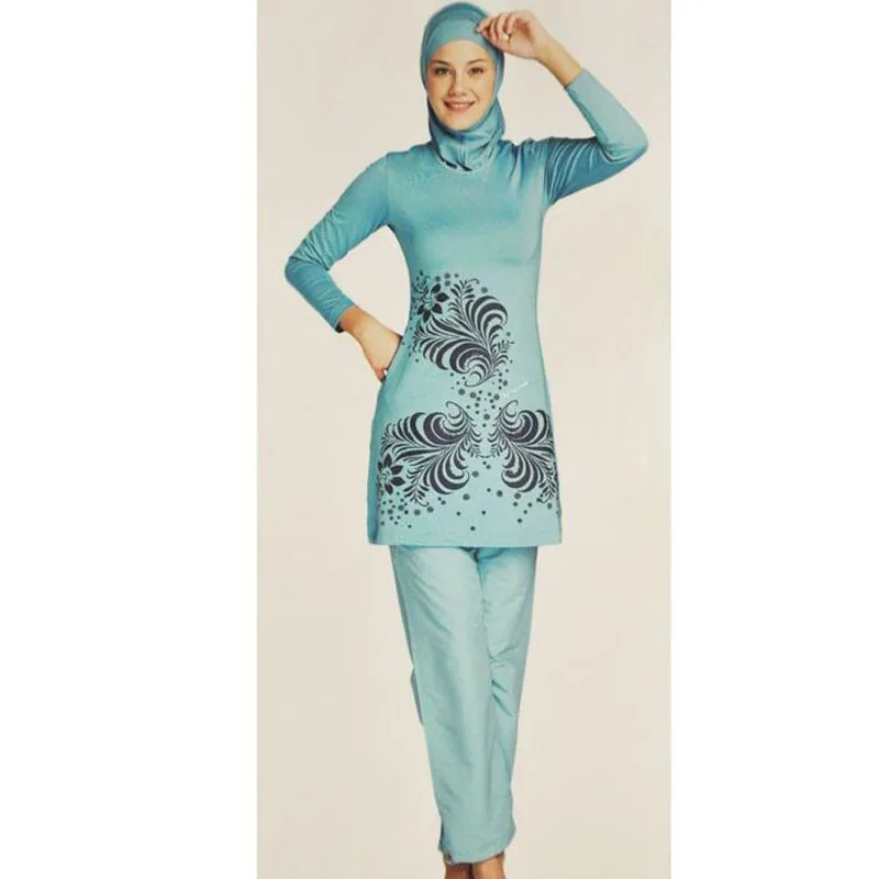Женский Печатный Исламский купальник Мусульманский купальник полный покрытый дамы с длинным рукавом скромное исламское купальный костюм размера плюс S-4XL - Цвет: Sky Blue