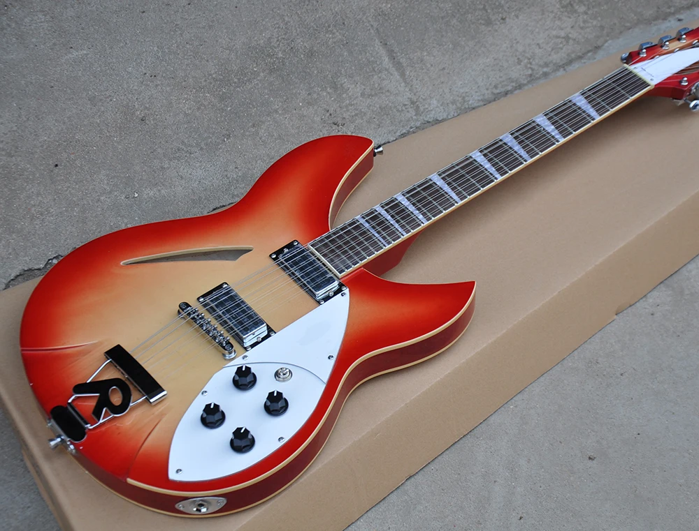 

Factory High Quality Semi-Hollow Cherry Sunburst Electric Guitar with 12 Strings,R Tailpiece,White Pearl Fret Inlay