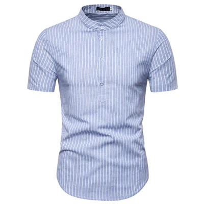 Рубашка в полоску для мужчин бренд хлопок белье приталенная Мужская рубашка короткий рукав Хенли рубашки для мальчиков Chemise Homme повседневное Мужская - Цвет: blue