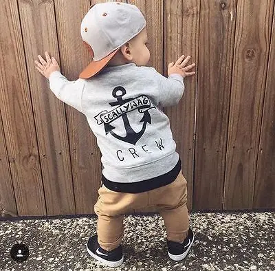 

Fashion Baby Boy Girl Long Sleeve Cotton T-Shirt Letter Summer Tee T-Shirt+ Brown Long Pant Trousers