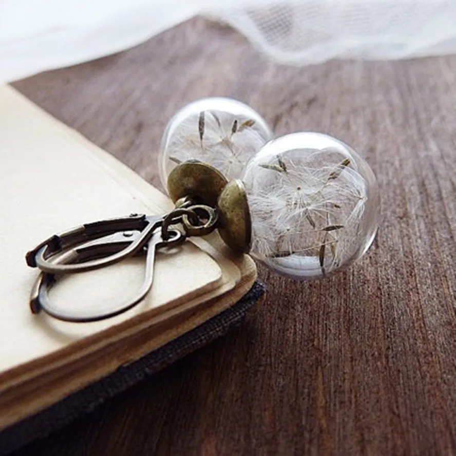 

Woman Summer Glass earring Dangle Earrings for Woman Lady vintage Bottle ball Dandelion Seeds Earrings Make A Wish Lovers Gifts