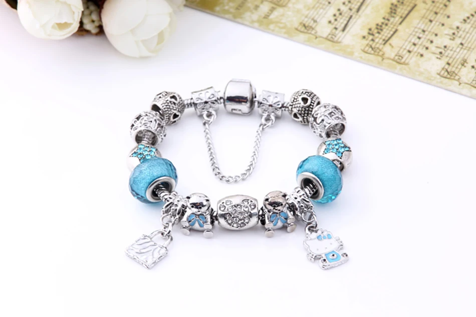 Модный 925 серебряный милый детский браслет с кошкой hello kitty для женщин, детей, девочек, браслет с хрустальными бусинами и ювелирные изделия на запястье