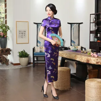 

Sexy Purple Traditional Chinese Women Cheongsam Satin Rayon Long Qipao Elegant Long Slim Vestidos Evening Party Dress S-3XL 0169