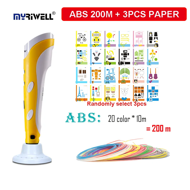 

MYRIWELL RP-100A 3D scribble pen,with 1.75mm ABS filament(20color*10m)+3pcs paper model+base,the best gift for kids birthday
