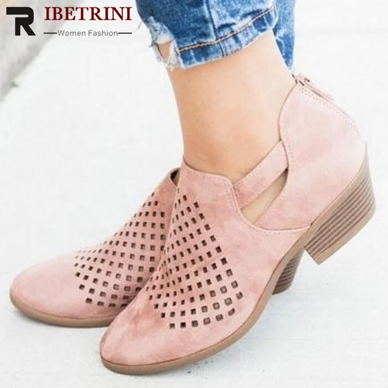 

RIBETRINI Spring New Retro Hollow Pumps Women 2019 Ladies Summer Vintage Sandals Low Heels Casual Shoes Woman Large Size 35-43