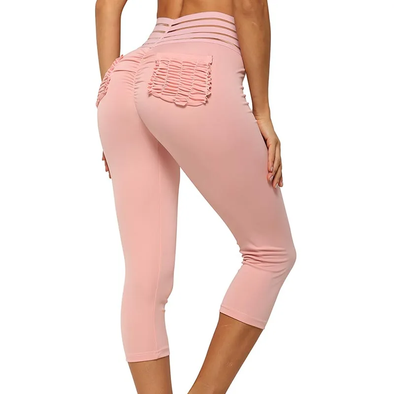 

3 Color Women Push Up Leggings Fitness Pants Mid-Calf Slim Pant Leggings Solid Sportswear Casual Pink Leggings With Pocket Pants