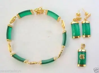 

Jewelry 001142 Green Jade 18KGP Fortune Pendant Necklace Bracelet Earrings Set