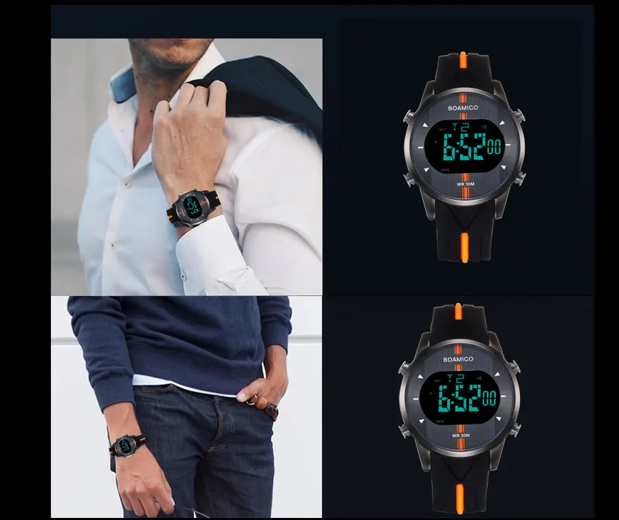 Бренд BOAMIGO, мужские цифровые часы, мужские спортивные часы, резиновый светодиодный водостойкий наручные часы, мужские часы, Relogios Masculino