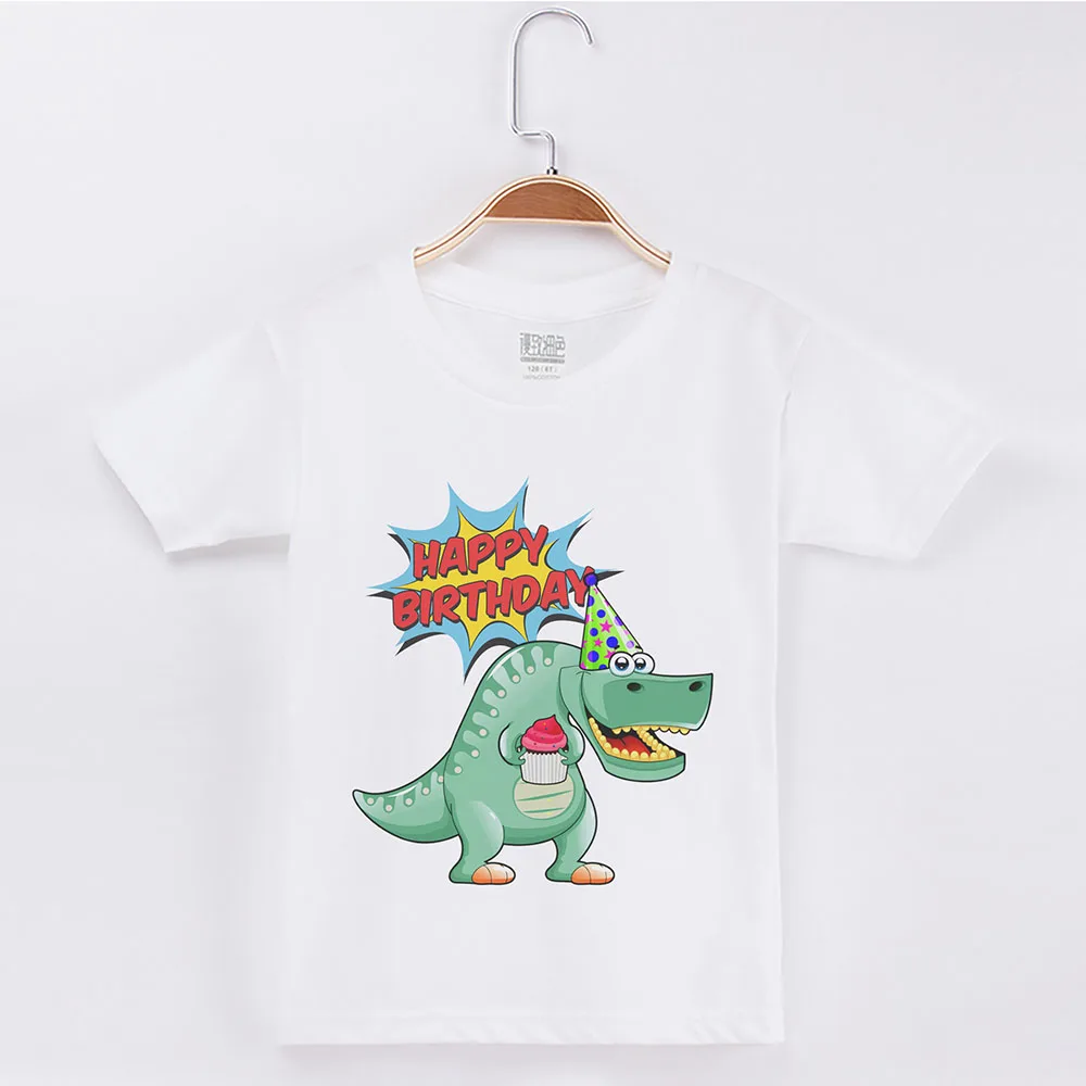 Детская одежда, футболка для девочек, От 1 до 13 лет с динозавром на день рождения, хлопок, короткая детская одежда, топы для девочек, Детский костюм, футболка для мальчиков - Цвет: White