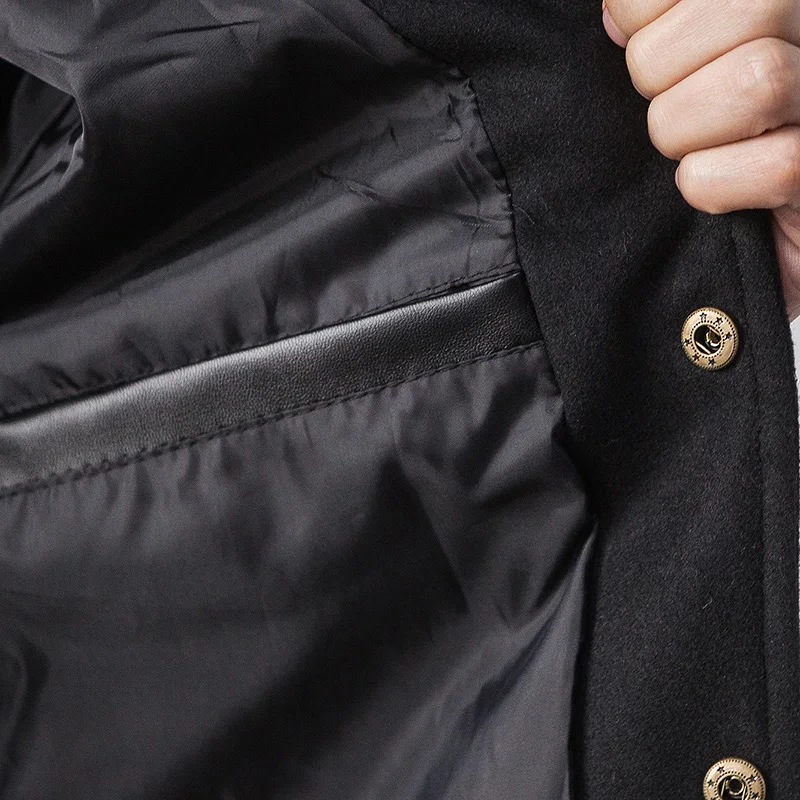 Новинка года, осенняя мужская куртка, комбинированное пальто из искусственной кожи с рукавами, Повседневная бейсбольная куртка с воротником, мужское Брендовое шерстяное мужское пальто черного цвета
