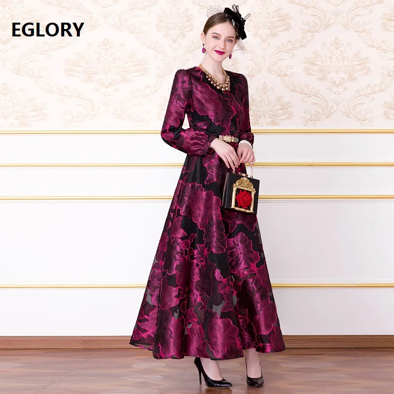 

High Quality Brand New 2019 Autumn Fashion Long Party Gowns Women V-Neck Purple Flower Print Long Sleeve Maxi Dress Vestidos 4XL