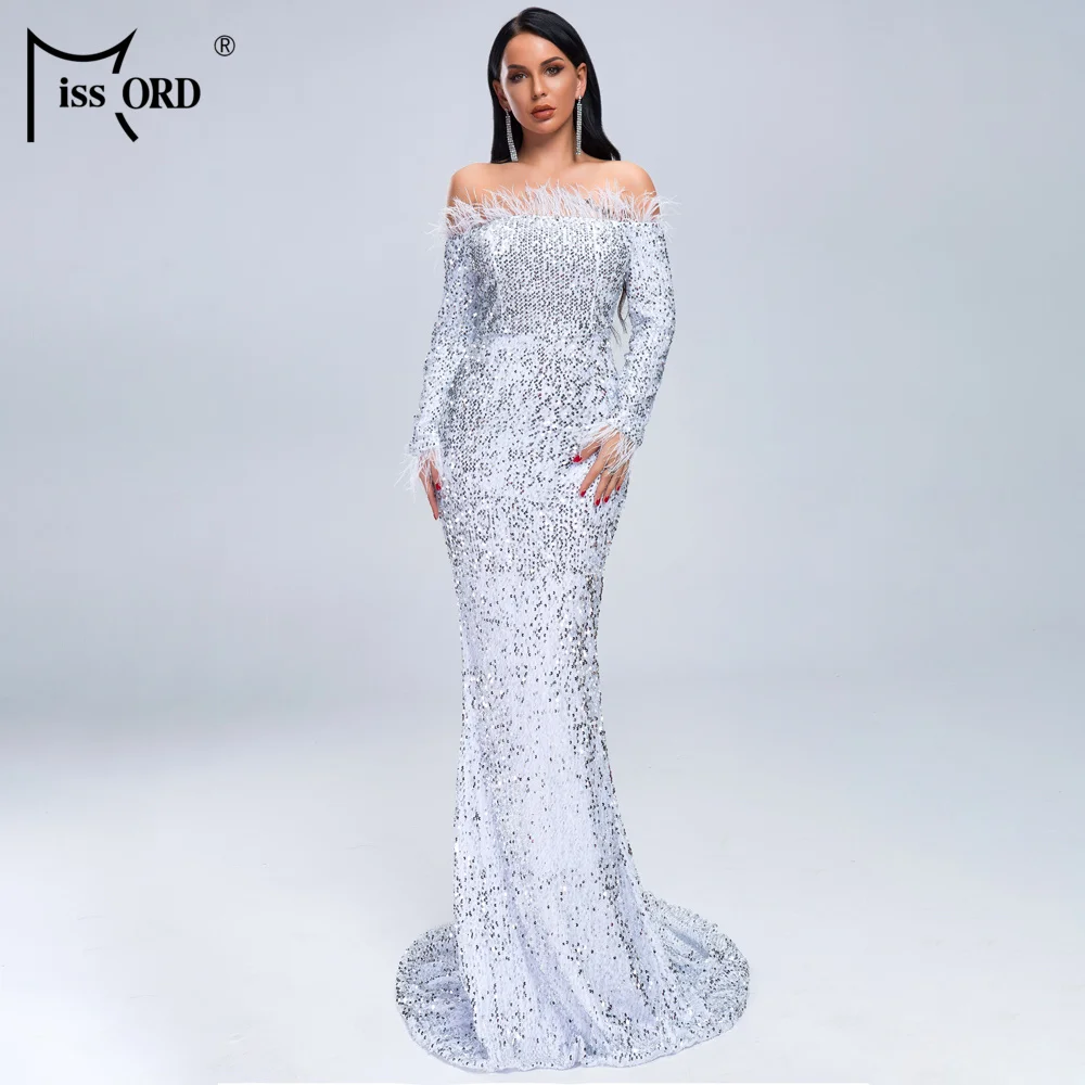 Missord 2019 сексуальное платье с открытыми плечами перо длинными рукавами со