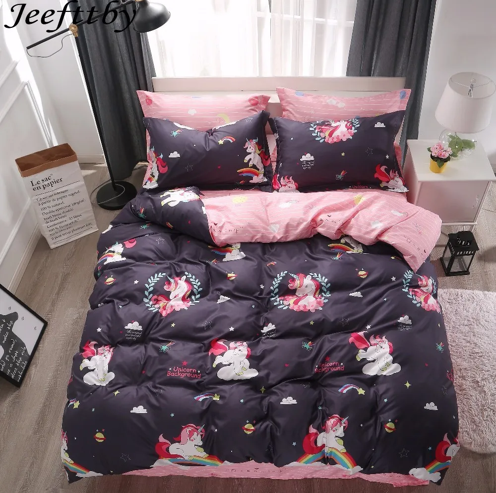 

Jeefttby Home Textile Simple Stripe Cute beast Cartoon 3/4pcs Bedding Set Queen Size Contain Duvet Cover Pink Bed Sheet pillow