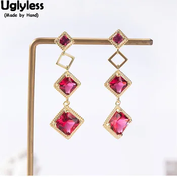 

Uglyless 100% Real 925 Sterling Silver Geometric Fine Jewelry for Women Pink Zircon Square Earrings Party Dress Earrings Bijoux