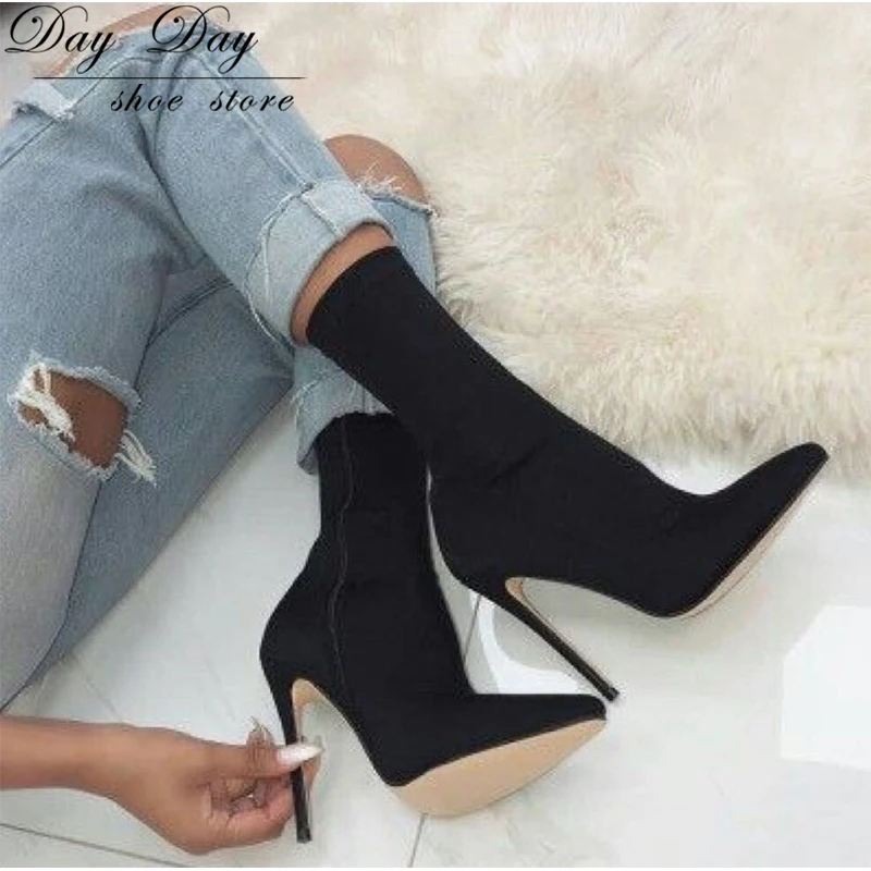 

Booties Woman 2019 Pointed Toe Thin High Heels Female Shoes Cotton Women's Ankle Sock Boots Sexy Zipper Fashion Ladies Boots