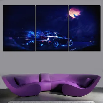 

Wall Art Modular Picture Canvas Print 3 Panel Neon Car Driving To The Moon Wolf Painting For Living Room Home Decoration Poster