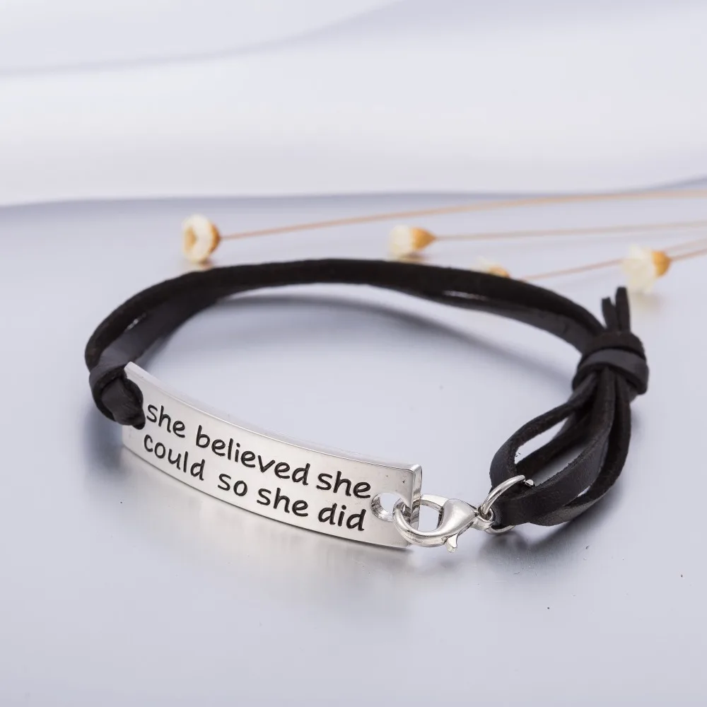 

My Shape Inspirational Quote Engraved Leather Bracelet She Believed She Could So She Did Handmade Fashion Rectangle Bangle