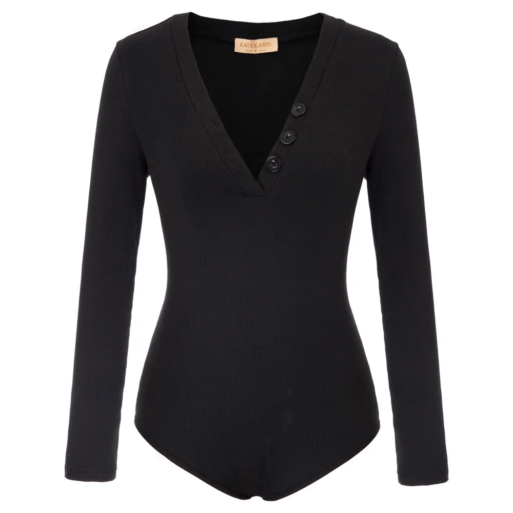 

plus size sexy bodysuit Women Autumn clothes pure color Long Sleeve Buttons decor V-Neck Stretch Teddy Leotard Bodysuits ladies