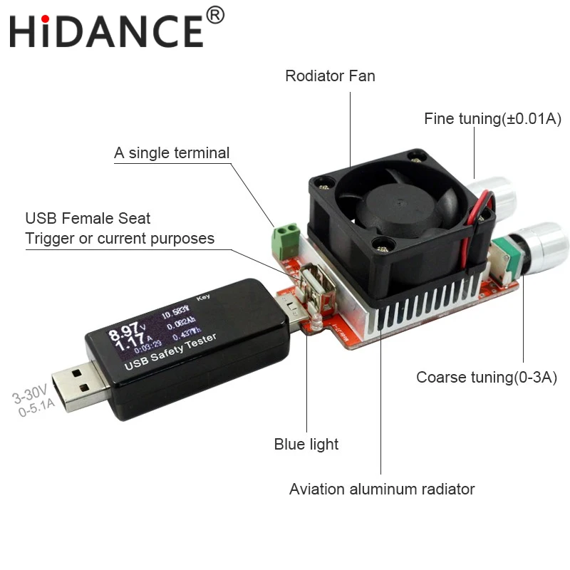 

35W constant current double adjustable electronic load + USB tester for charger power bank current dc voltage capacity aging