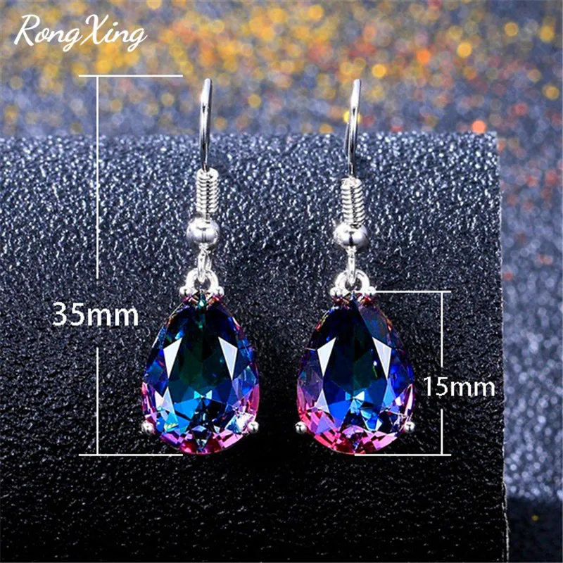 RongXing 925 Silver Filled Multicolor Zircon Engagement Earrings for Women Mystic Rainbow Stone Water Drop Earring Wedding Gifts