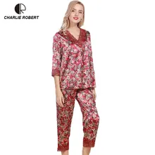 CR, женские сексуальные пижамы, шелковые пижамы, набор, с длинным рукавом, с принтом, для дома, повседневная одежда, пижамы, набор, AP535