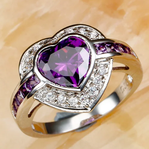 

lingmei New Arrival Luxury Popular Heart Purple & White CZ Silver Color Charm Women Jewelry Ring Size 7 8 9 10 Wholesale 706R1