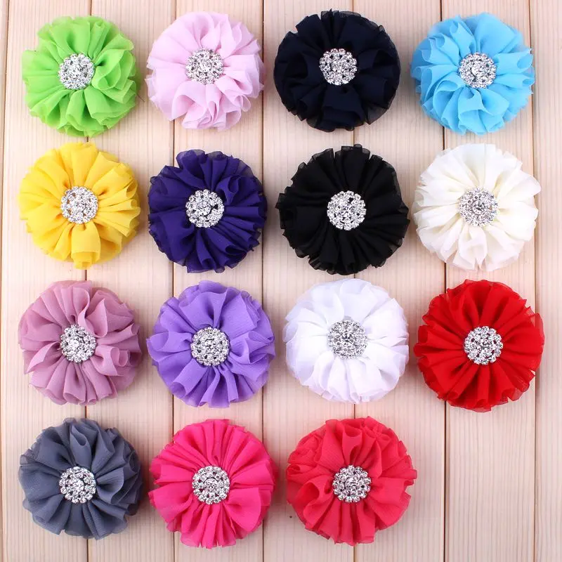 

(120pcs/lot)2.8" 15 Colors Fluffy Ruffled Flower For Hair Clips Chic Chiffon Metal Alloy Button Flower Accessories For Kids