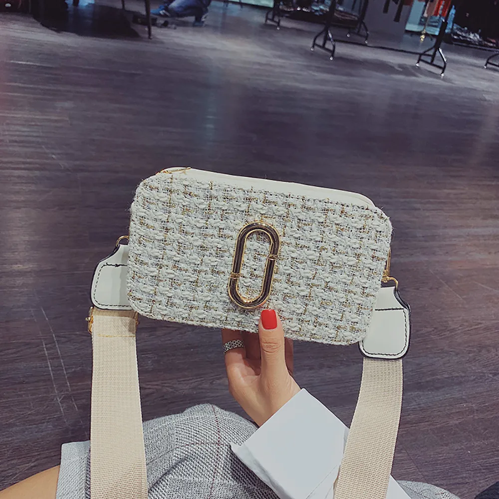 

Fashion ladies wool plaid small square bag wide shoulder strap wild Messenger bag 2019 spring and summer new style