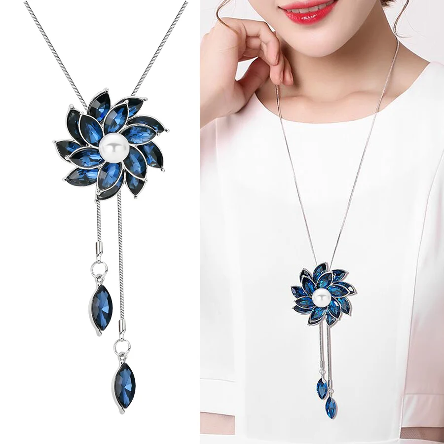 Collier Femme Bijoux 2018 Blue Crystal Necklaces Women Fashion Flower Long Pendant Necklace Choker Sweater Chain Accessories New |