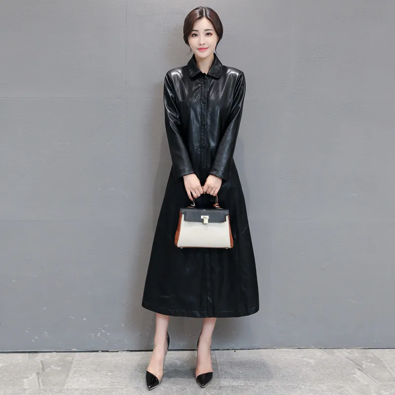 

Women Fall Winter Slim Fake Leather Red Black Color Windbreaker Korean Style Full Sleeve Turn Down Collar Coat KTR-005