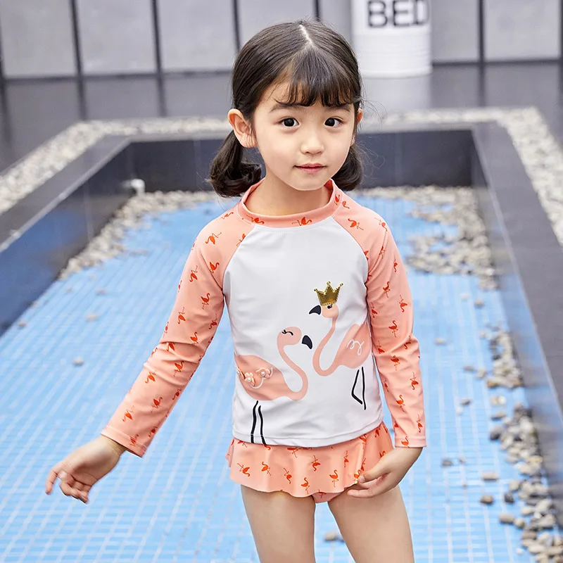 Gilrs Swimsuit Pink Flamingo Printed Two Piece Set Rash Guards Swimwear Long Sleeve Shorts Dive Skin Sun Protection 1-7Y Kids