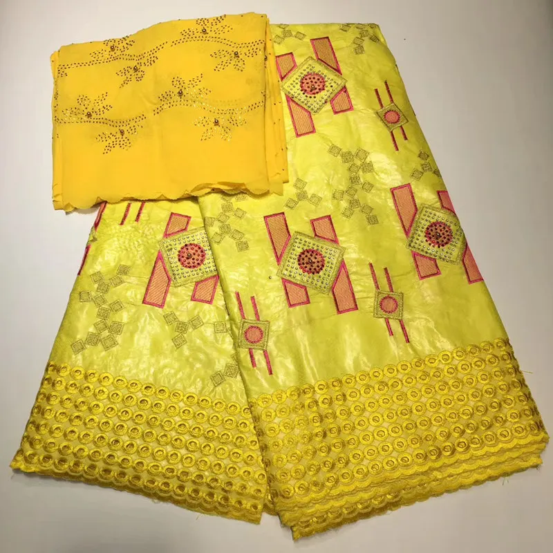 

2019 Unique New yellow color embroidered bazin riche getzner with tulle lace fabric African Bazin fabric for women dress ba092