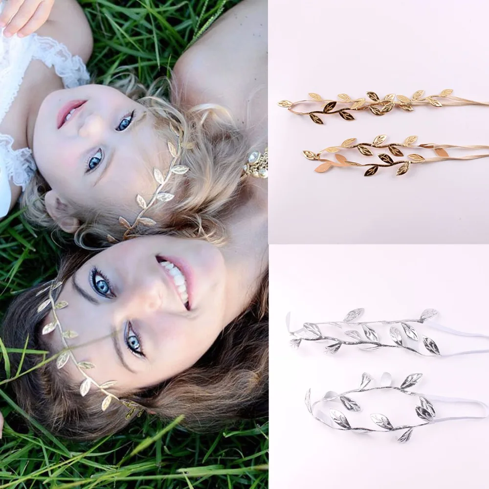 

2Pcs/Set Mom Baby Girls Gold Silver Bronzing Leaf Headband Set For Hair accessories Matching Headband Headwrap Gifts