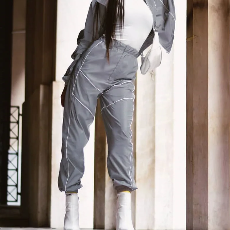 Женские сексуальные Светоотражающие шаровары карманы полосатый пэчворк пот брюки уличные модные Капри с высокой талией Mujer брюки