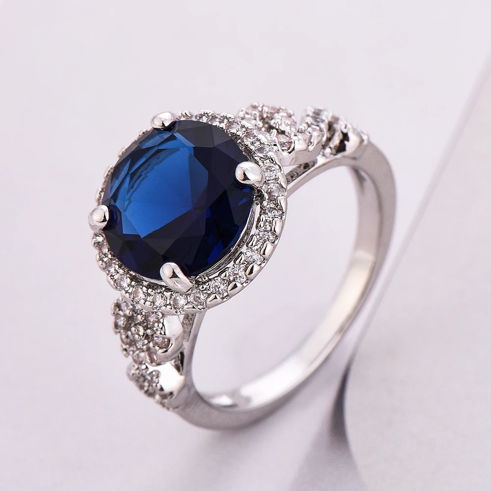 FREEWILL Brand Design Classic Round Big Zircon Female Ring Volga Blue Surround Jewelry Engagement Wedding Rings For Women | Украшения и