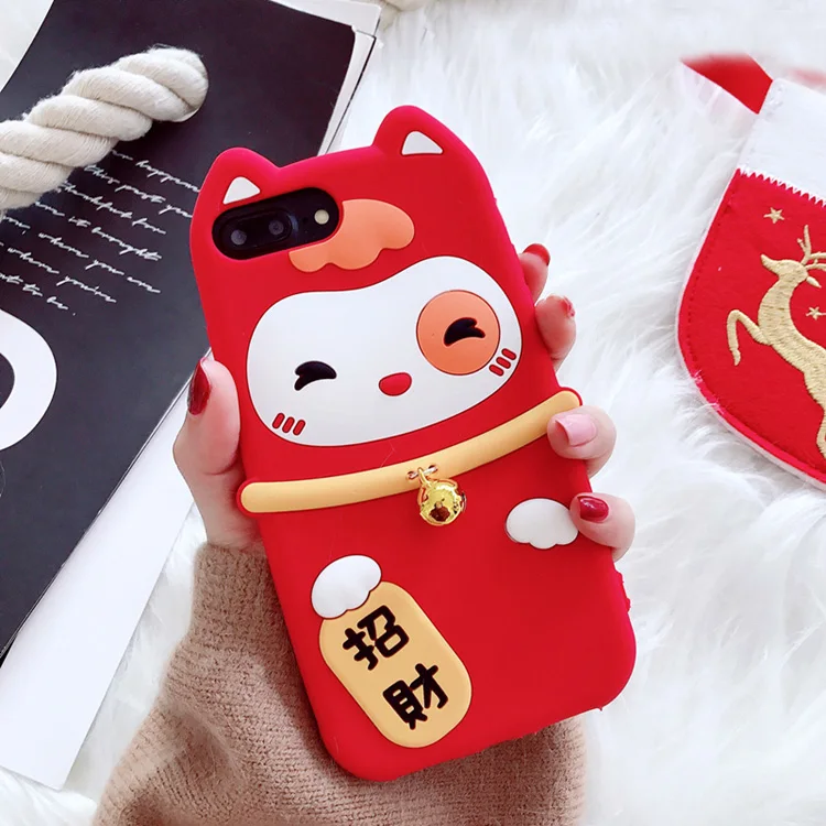 Мягкий чехол для iphone XS max Lucky Cat для iphone 11 pro max XR X 6 7 8 plus Maneki Neko праздничный мягкий чехол для телефона маленький колокольчик - Цвет: Красный