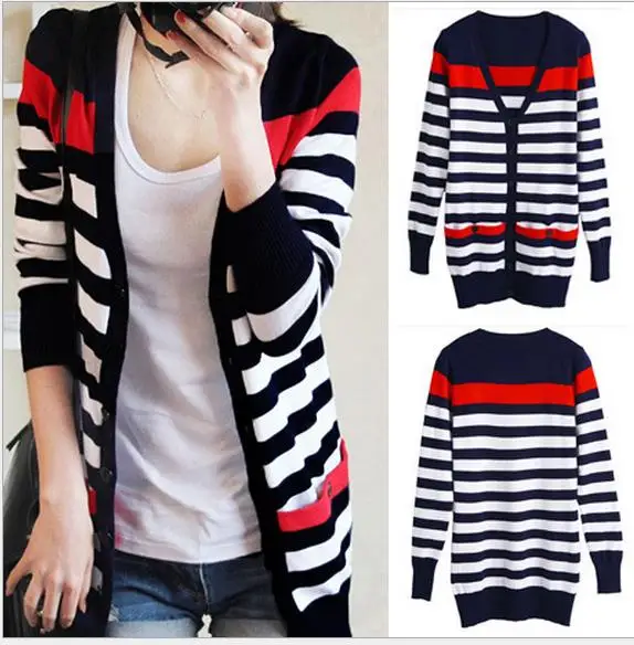 

Spring and Autumn Slim basic jacket was thin sweater cardigan long paragraph striped sweater coat female air - conditioning shir