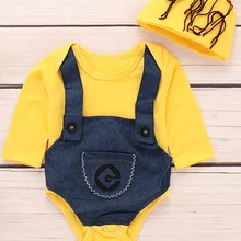 Костюмы миньонов для маленьких мальчиков и девочек, унисекс, повседневное длинное соединение муфтой с карманом и ремнем, комплекты одежды желтого цвета