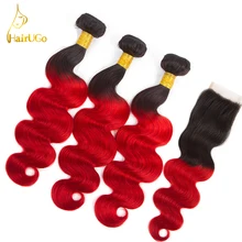 HairUGo Hair Pre-colored 3 Bundles With Clousre Peruvian 100% Human Hair Omber Body Wave #1b/39 Non Remy Hair Extensions
