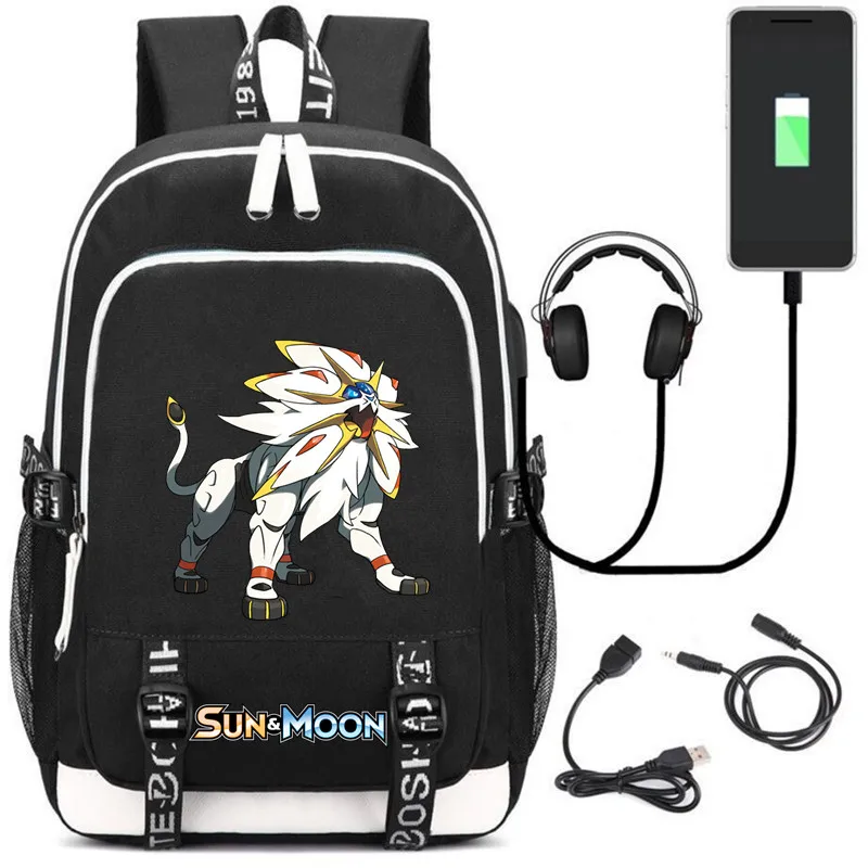 

GO Pikachu Sun Moon Backpack Rucksack Bag w/USB Fashion Port / Lock / Headphone interface Student Book Laptop bag GIFT