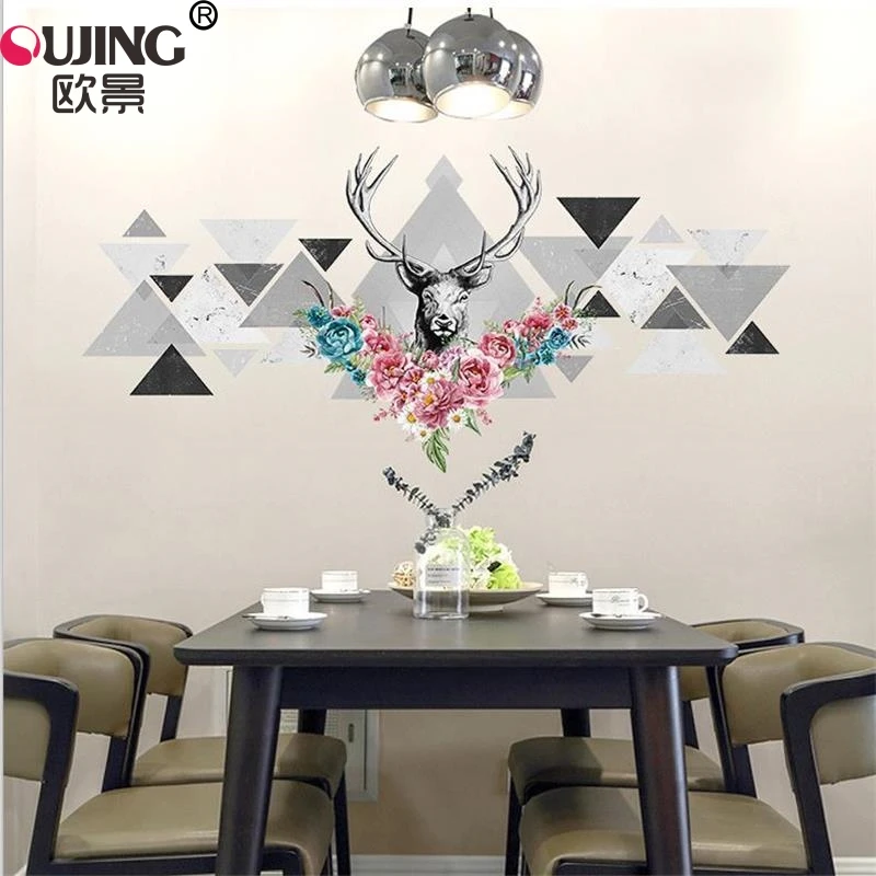 

Nordic Style Deer Head Elk Triangles Wall Sticker Bedroom Restaurant Christmas Decoration Wallpaper Poster PVC Animal Art Mural