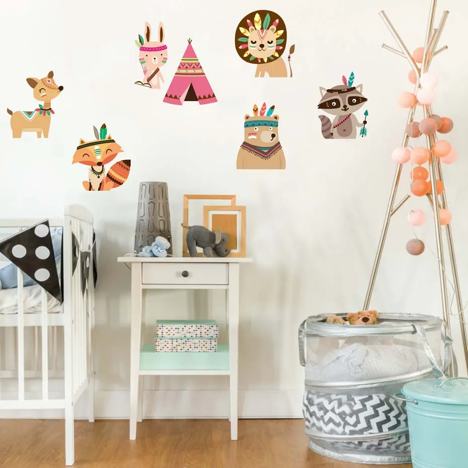 

Nordic Style Tribal Bear Fox Rabbit Woodland Animals Vinyl Wall Sticker mural For Kids Rooms Decoration Nursery Bedroom Decor